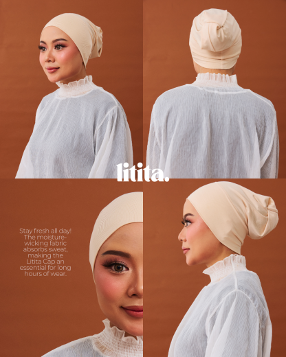 【Litita Cotton Cloud Silky Sheen】Cap/ Head Scarf Cap - Black//Pale Oak