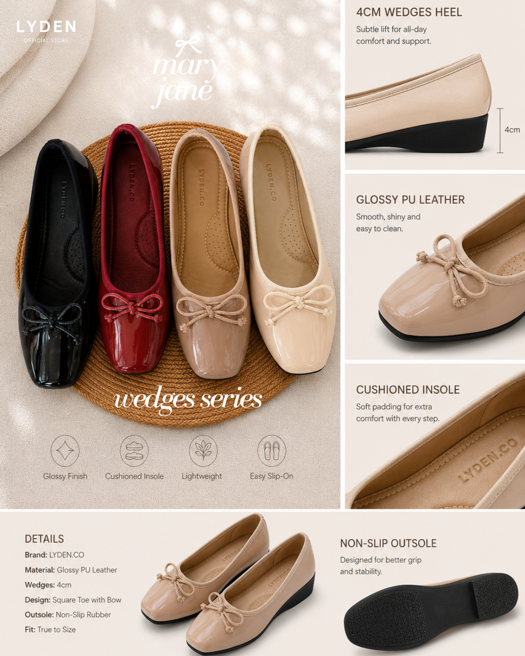 【NEW】Lyden Mary Jane Glossy Wedges Series 4cm heels