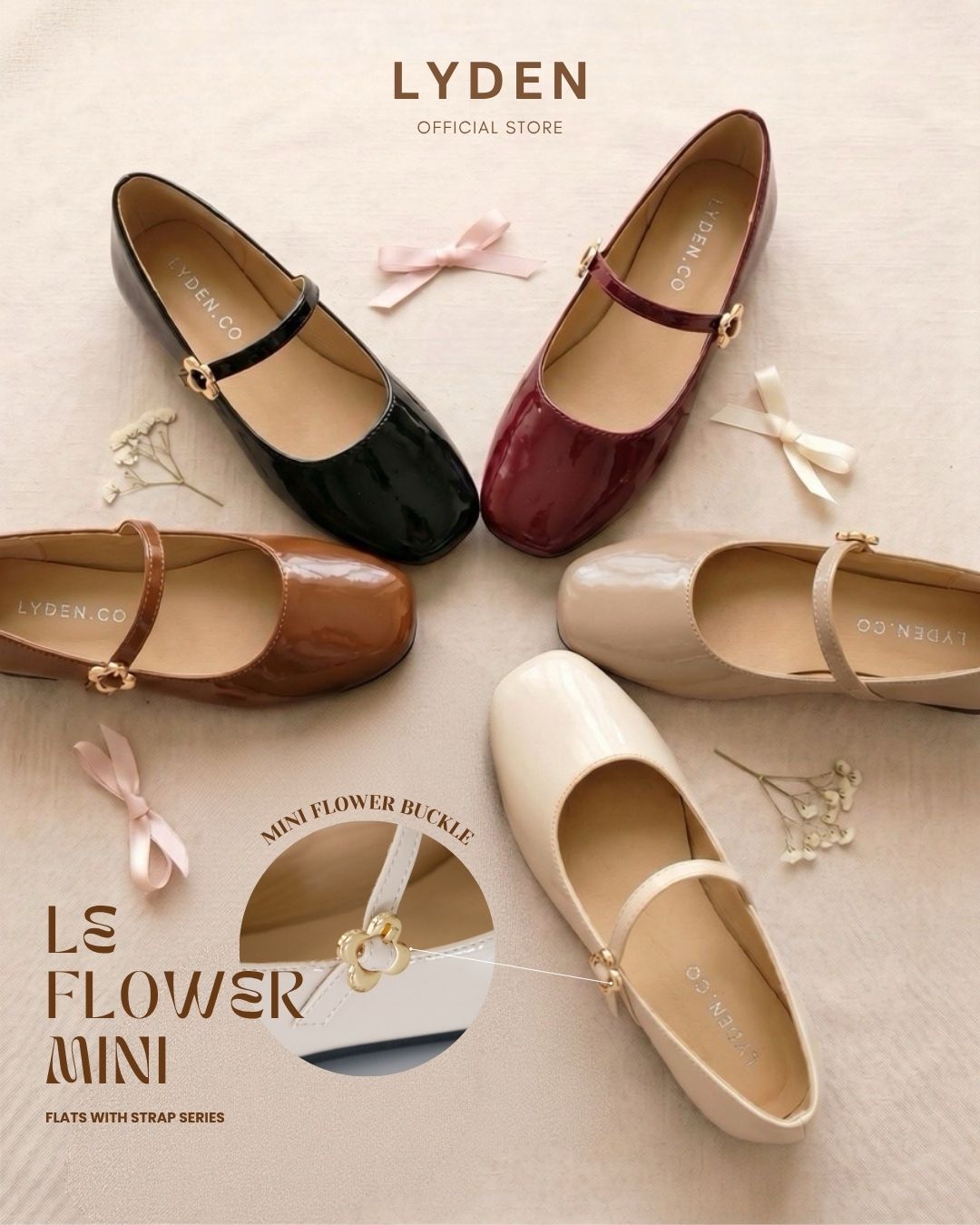 【NEW】【Le Flowers Mini】Flats with Strap Series - Beige//Khaki//Brown/Maroon//Classic Black