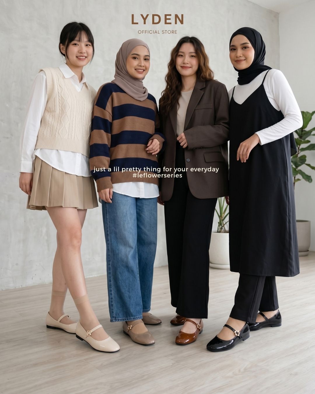 【NEW】【Le Flowers Mini】Flats with Strap Series - Beige//Khaki//Brown/Maroon//Classic Black