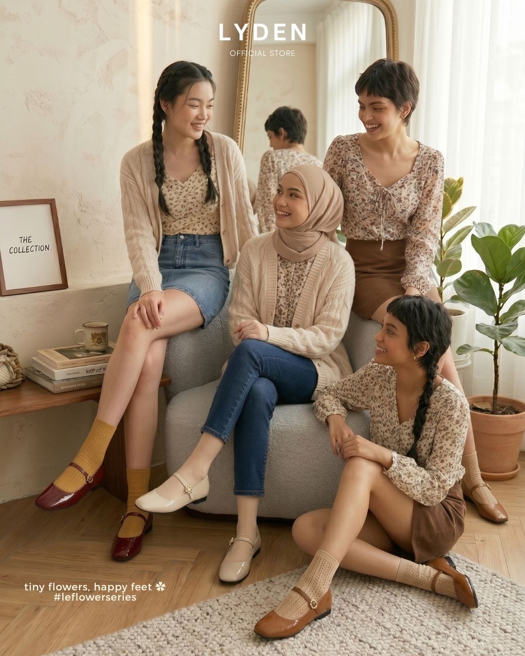 【NEW】【Le Flowers Mini】Flats with Strap Series - Beige//Khaki//Brown/Maroon//Classic Black