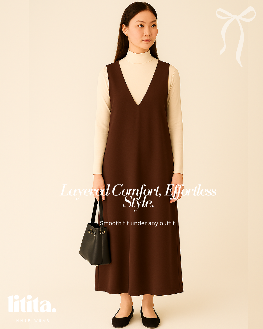 【Litita Silky Sleek】Inner Dress / Long-Sleeve Turtle Neckline innerwear / Wedding Inner- Black // White // Nude