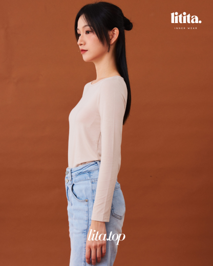 【Litita Cotton Cloud Silky Sheen】Tops / Long-Sleeve Round Neckline innerwear - Black//Pale Oak