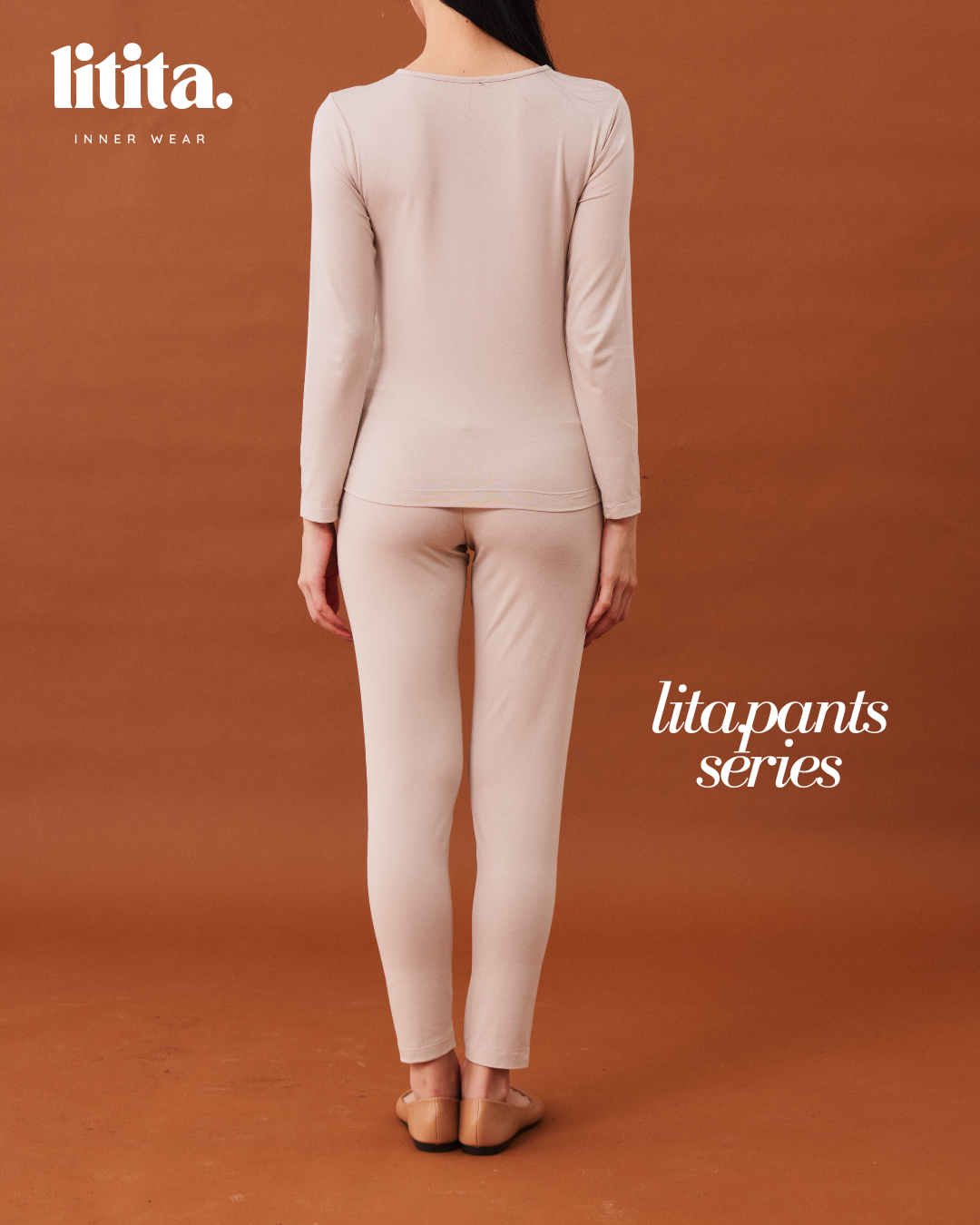 【Litita Cotton Cloud Silky Sheen】Pants/ High-waisted Long Pants innerwear - Black//Pale Oak