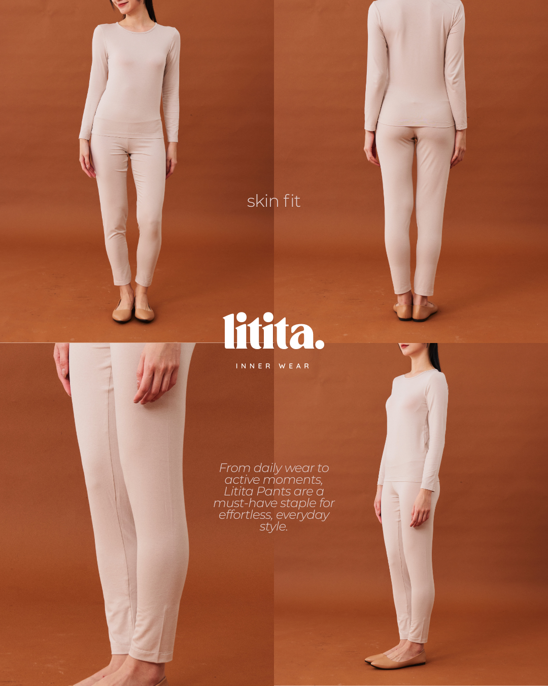 【Litita Cotton Cloud Silky Sheen】Pants/ High-waisted Long Pants innerwear - Black//Pale Oak