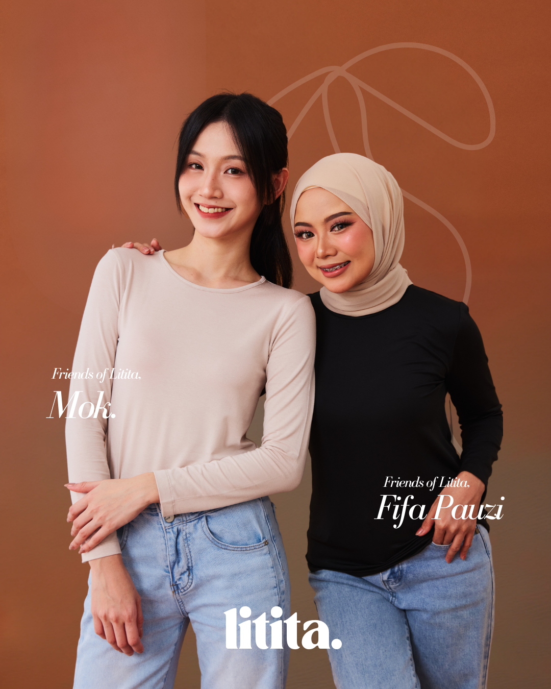 【Litita Cotton Cloud Silky Sheen】Tops / Long-Sleeve Round Neckline innerwear - Black//Pale Oak