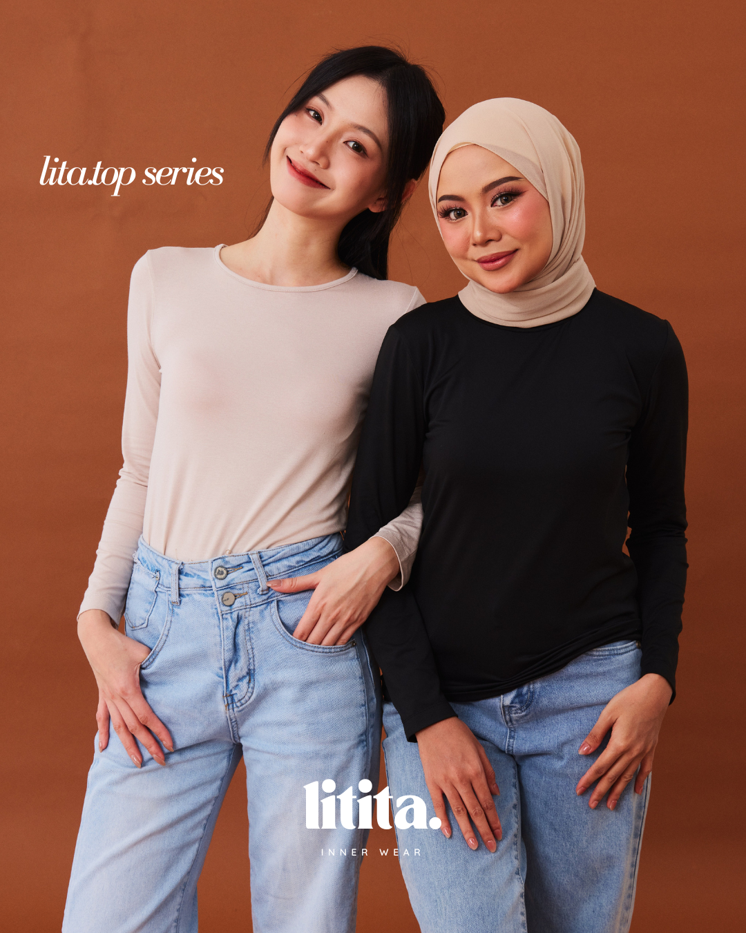 【Litita Cotton Cloud Silky Sheen】Tops / Long-Sleeve Round Neckline innerwear - Black//Pale Oak