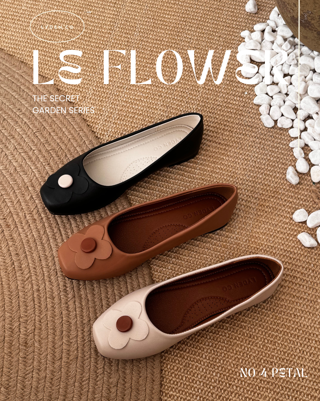 【Le Flowers The Secret Garden Series】No.4 Petal Womens Flats/ Womens floral flats /cushion flats /Kasut Bunga Perempuan - Classic Black//Brown//Beige