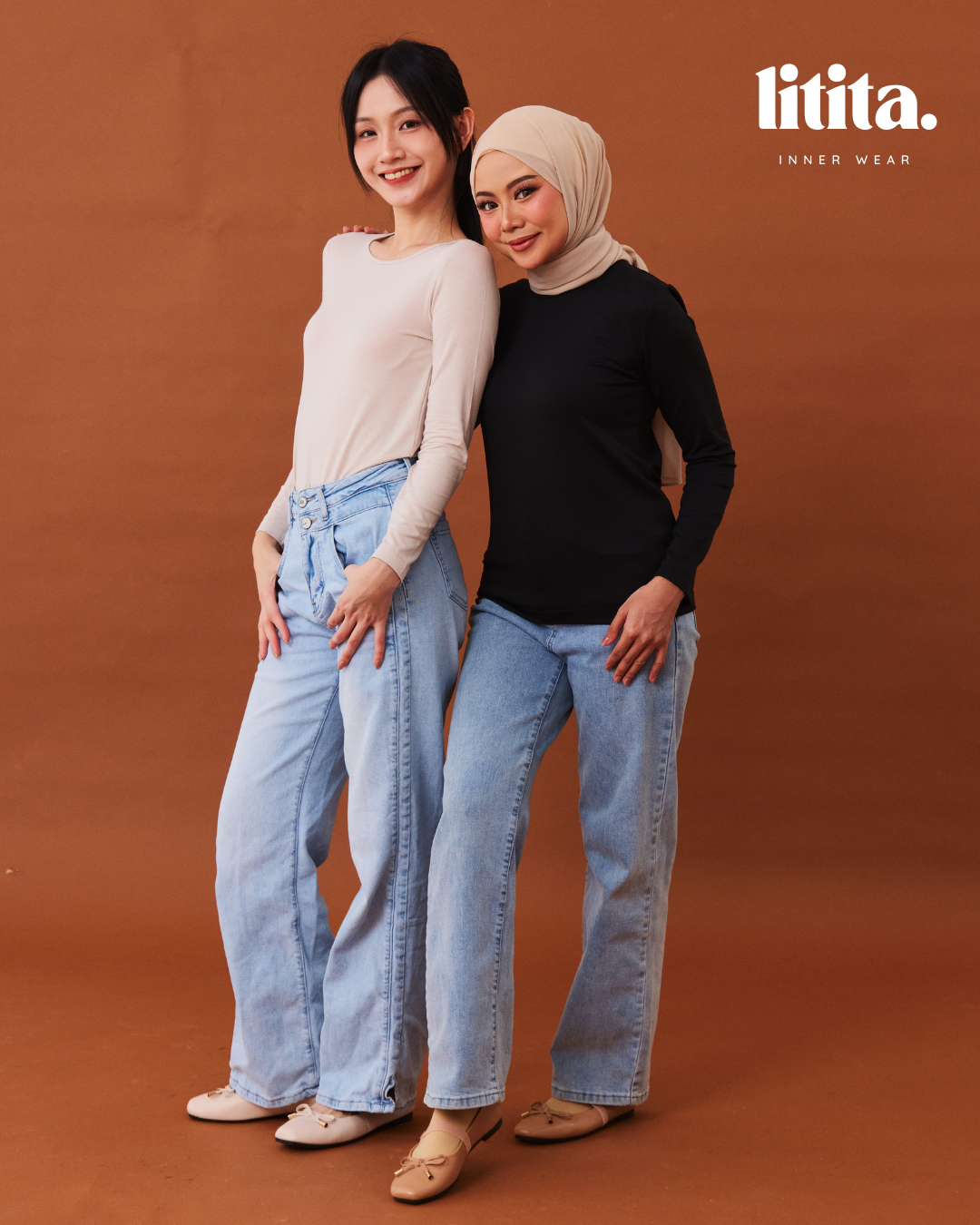 【Litita Cotton Cloud Silky Sheen】Tops / Long-Sleeve Round Neckline innerwear - Black//Pale Oak