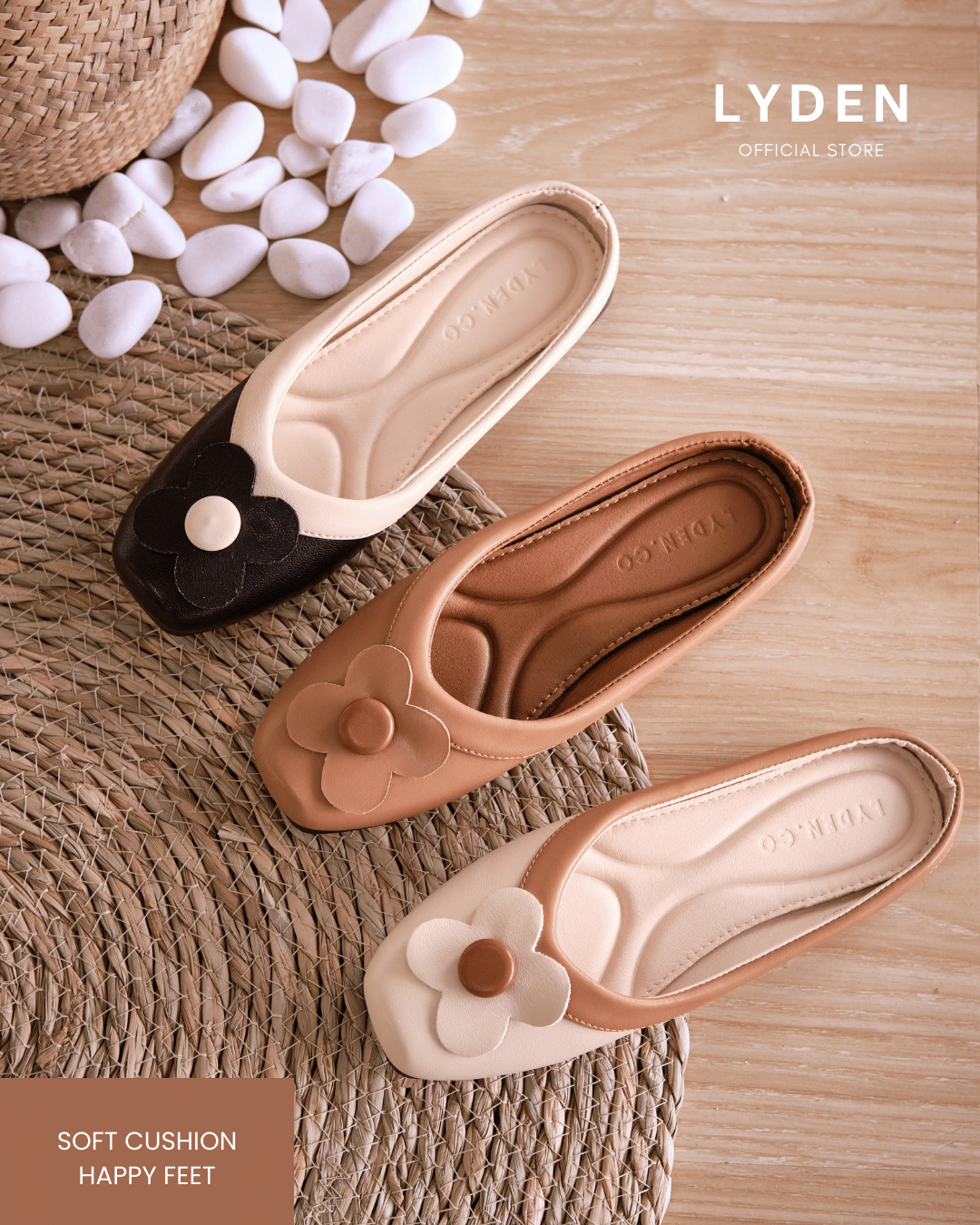 【Le Flowers The Secret Garden Series】No.4 Petal Slip-On Womens Flats/ Womens floral flats /Kasut Bunga Perempuan - Classic Black//Brown//Beige