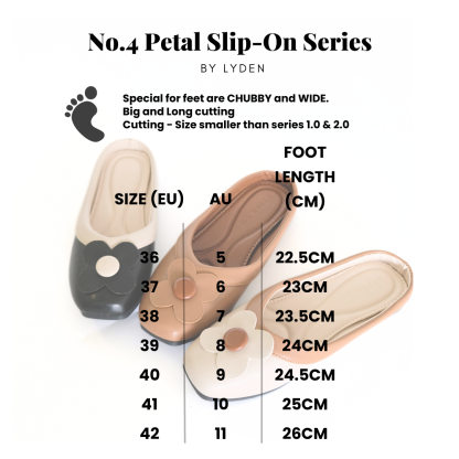 【Le Flowers The Secret Garden Series】No.4 Petal Slip-On Womens Flats/ Womens floral flats /Kasut Bunga Perempuan - Classic Black//Brown//Beige