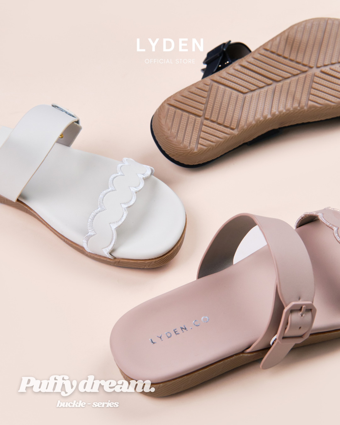 【NEW】Lyden Puffy Dream X Buckle Strap Series Sandals - Classic Black//Pink//Beige
