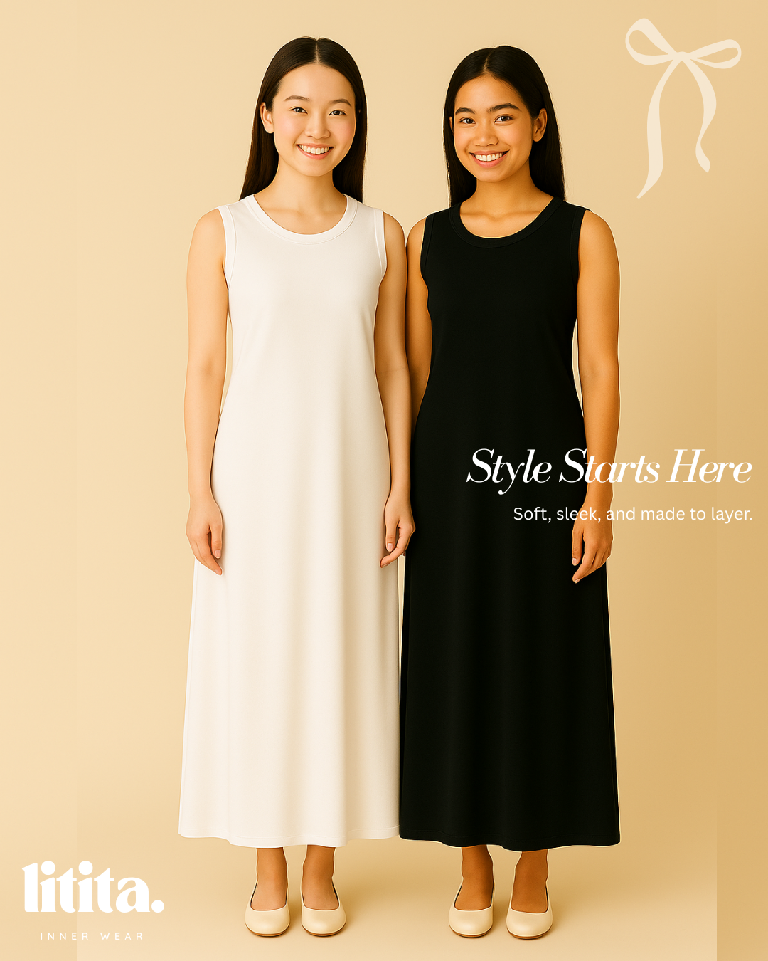 【Litita Silky Sleek】Inner Dress / Sleeveless Round Neckline innerwear - Black // White // Nude