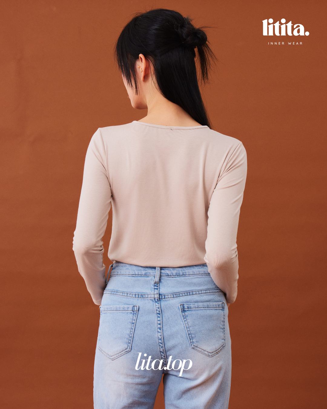 【Litita Cotton Cloud Silky Sheen】Tops / Long-Sleeve Round Neckline innerwear - Black//Pale Oak