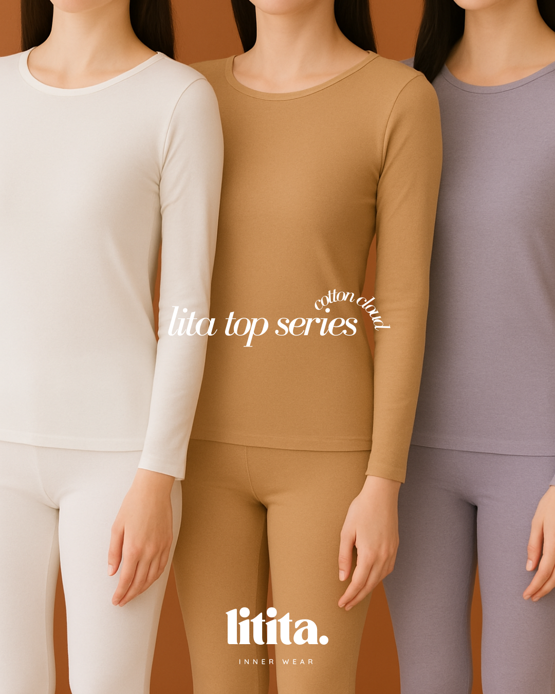【Litita Cotton Cloud】Tops / Long-Sleeve Round Neckline innerwear - Black//Pale Oak/White/Brown/Grey