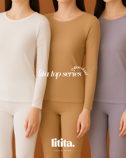【Litita Cotton Cloud】Tops / Long-Sleeve Round Neckline innerwear - Black//Pale Oak/White/Brown/Grey