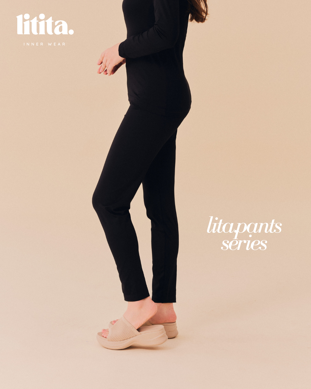 【Litita Cotton Cloud Silky Sheen】Pants/ High-waisted Long Pants innerwear - Black//Pale Oak