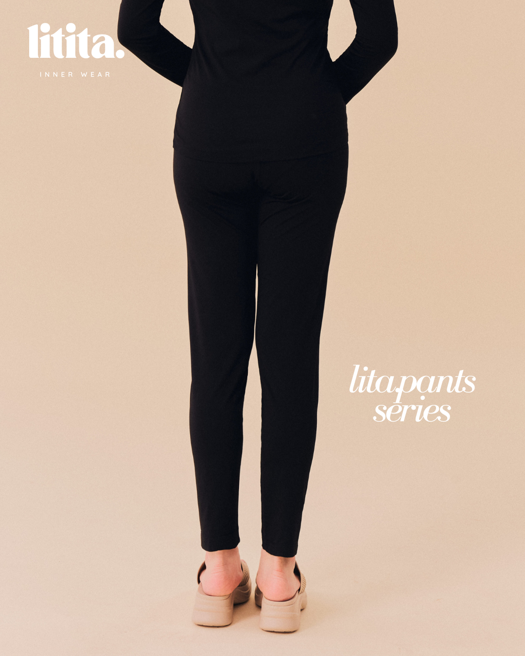 【Litita Cotton Cloud Silky Sheen】Pants/ High-waisted Long Pants innerwear - Black//Pale Oak