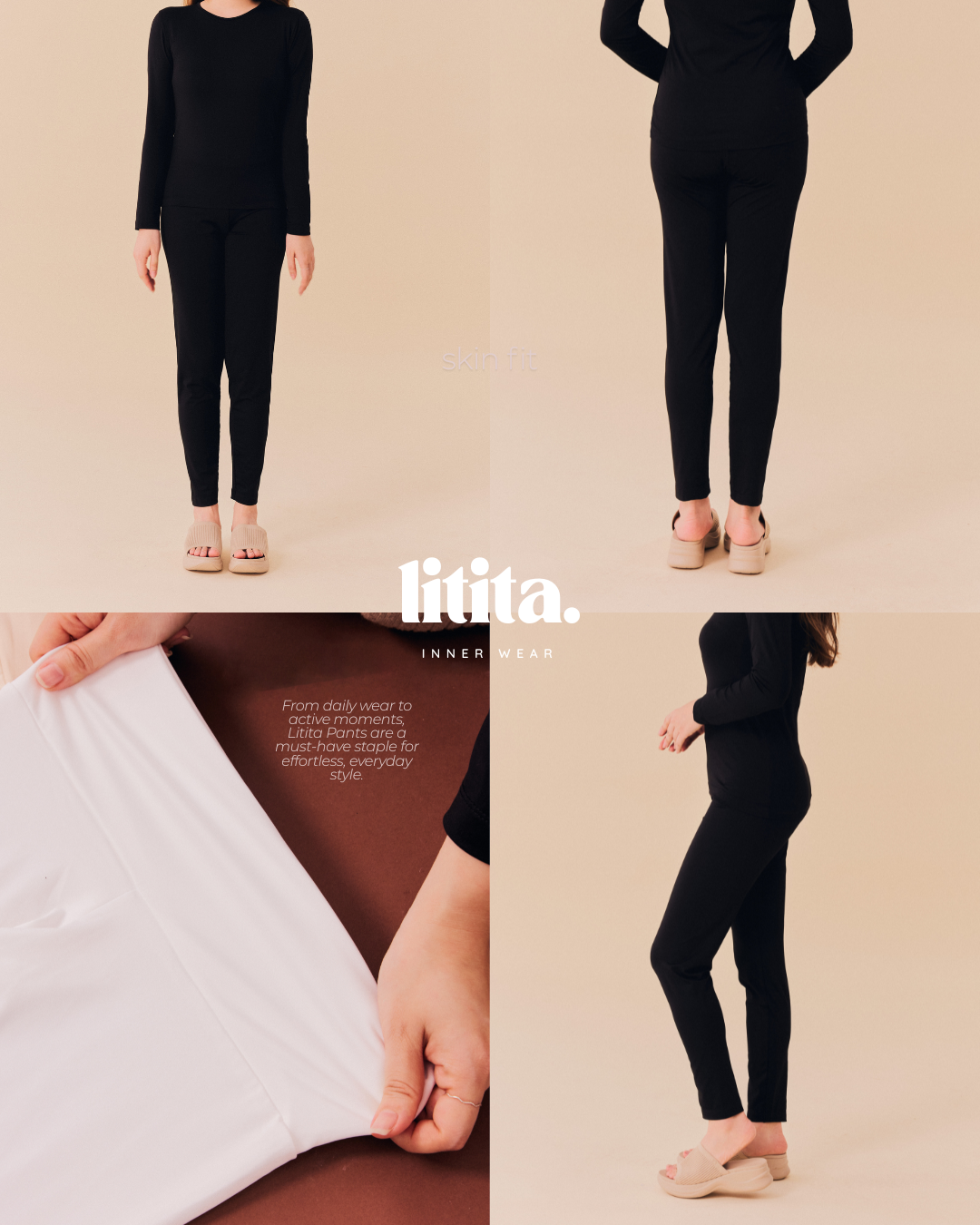 【Litita Cotton Cloud Silky Sheen】Pants/ High-waisted Long Pants innerwear - Black//Pale Oak