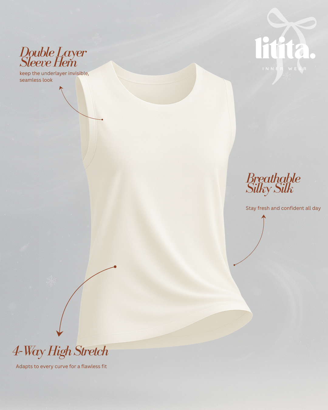【Litita Silky Sleek】Tops / Sleeveless Round Neckline innerwear - Black // White // Nude