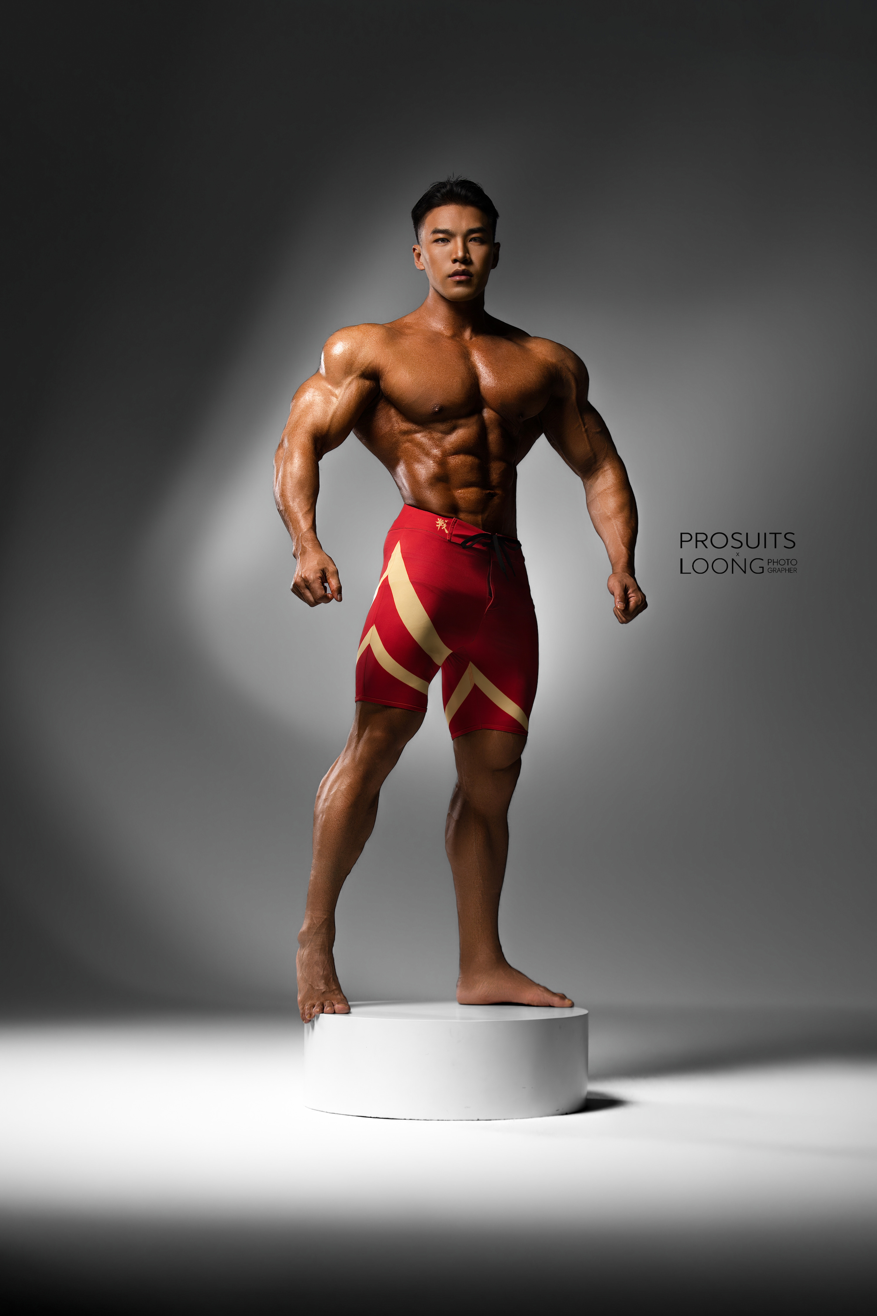 MP096 “O6 Juxian Red” Boardshorts Custom-Made for Men's Physique ProSuits Juxian He