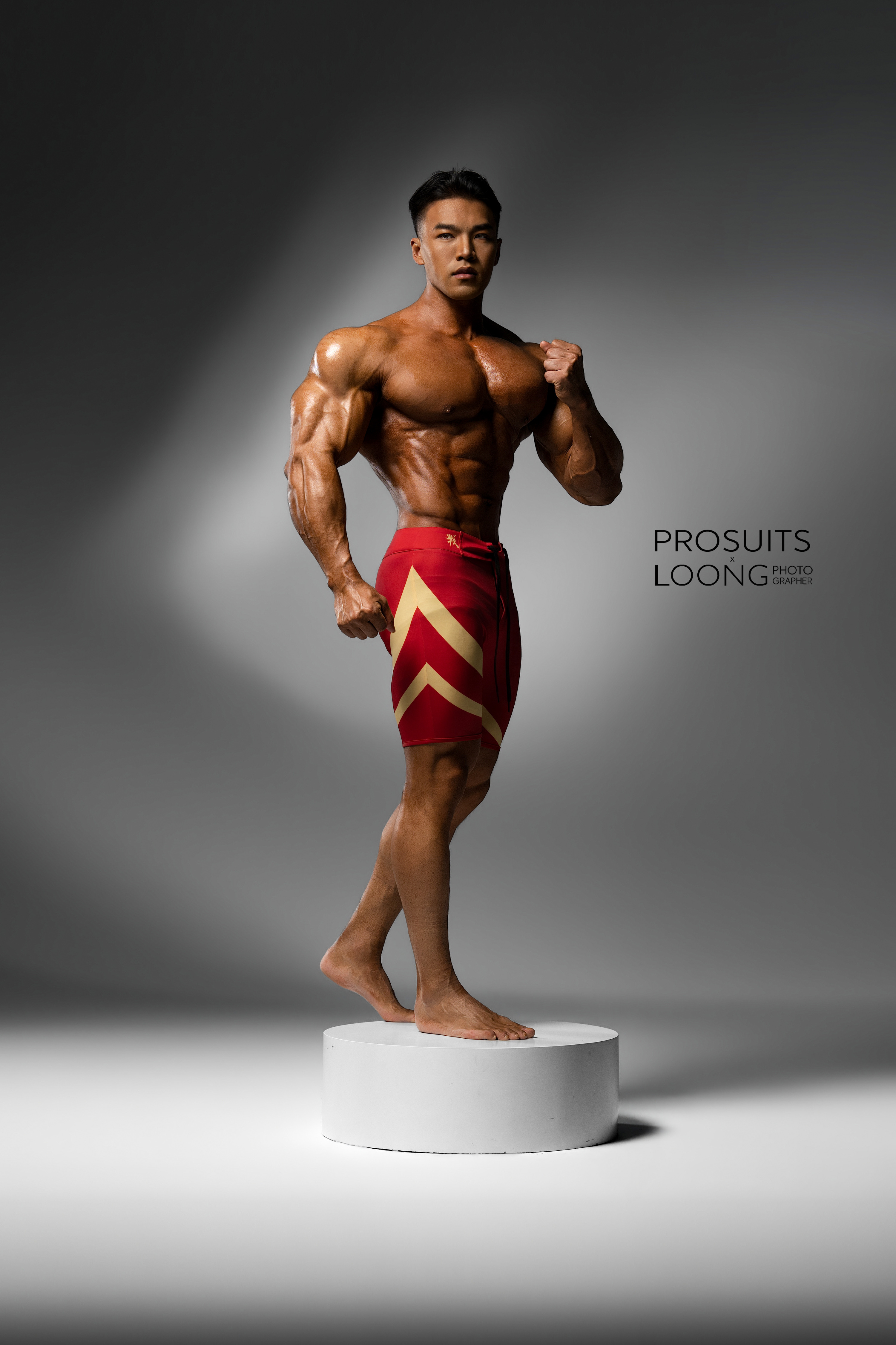MP096 “O6 Juxian Red” Boardshorts Custom-Made for Men's Physique ProSuits Juxian He