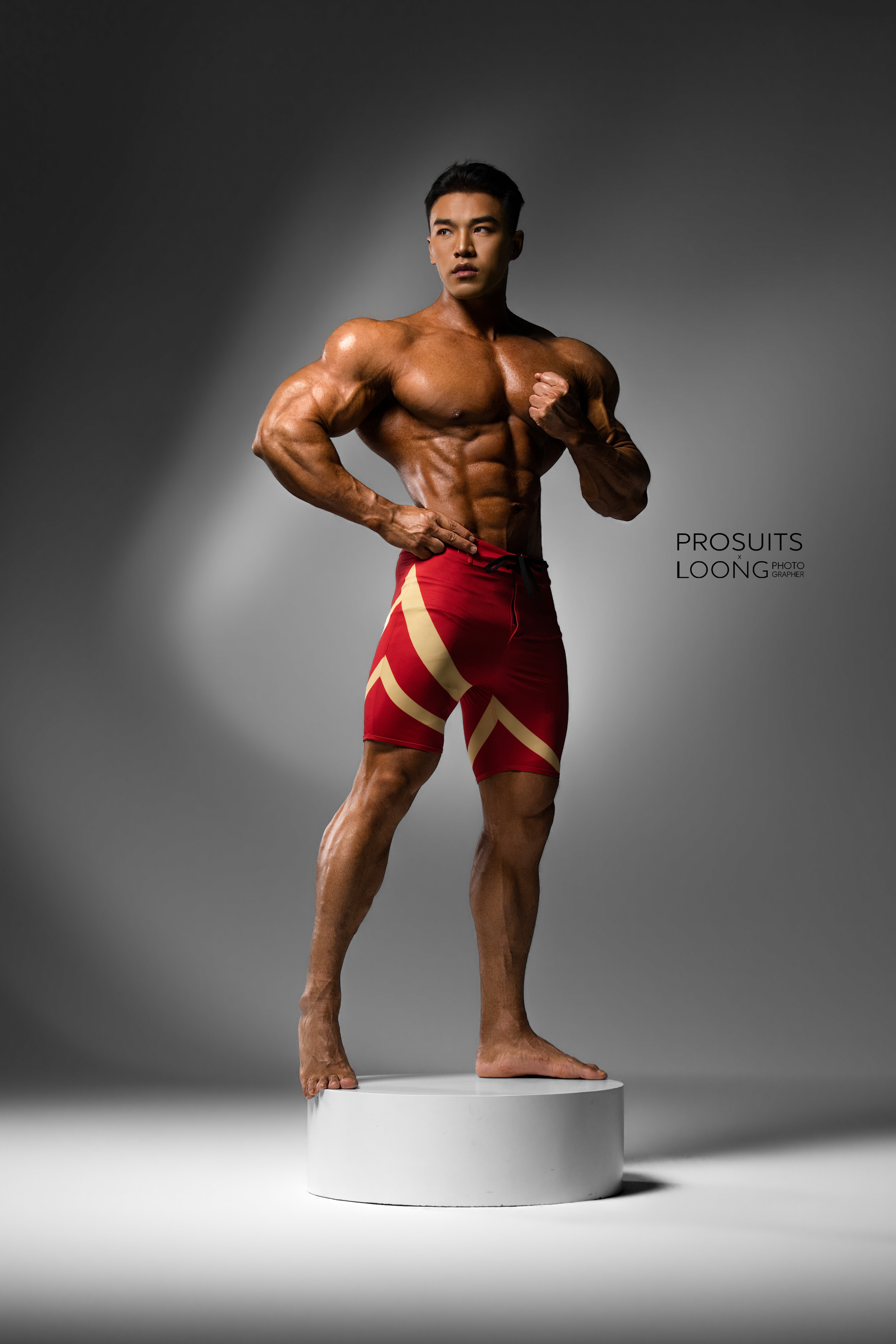 MP096 “O6 Juxian Red” Boardshorts Custom-Made for Men's Physique ProSuits Juxian He