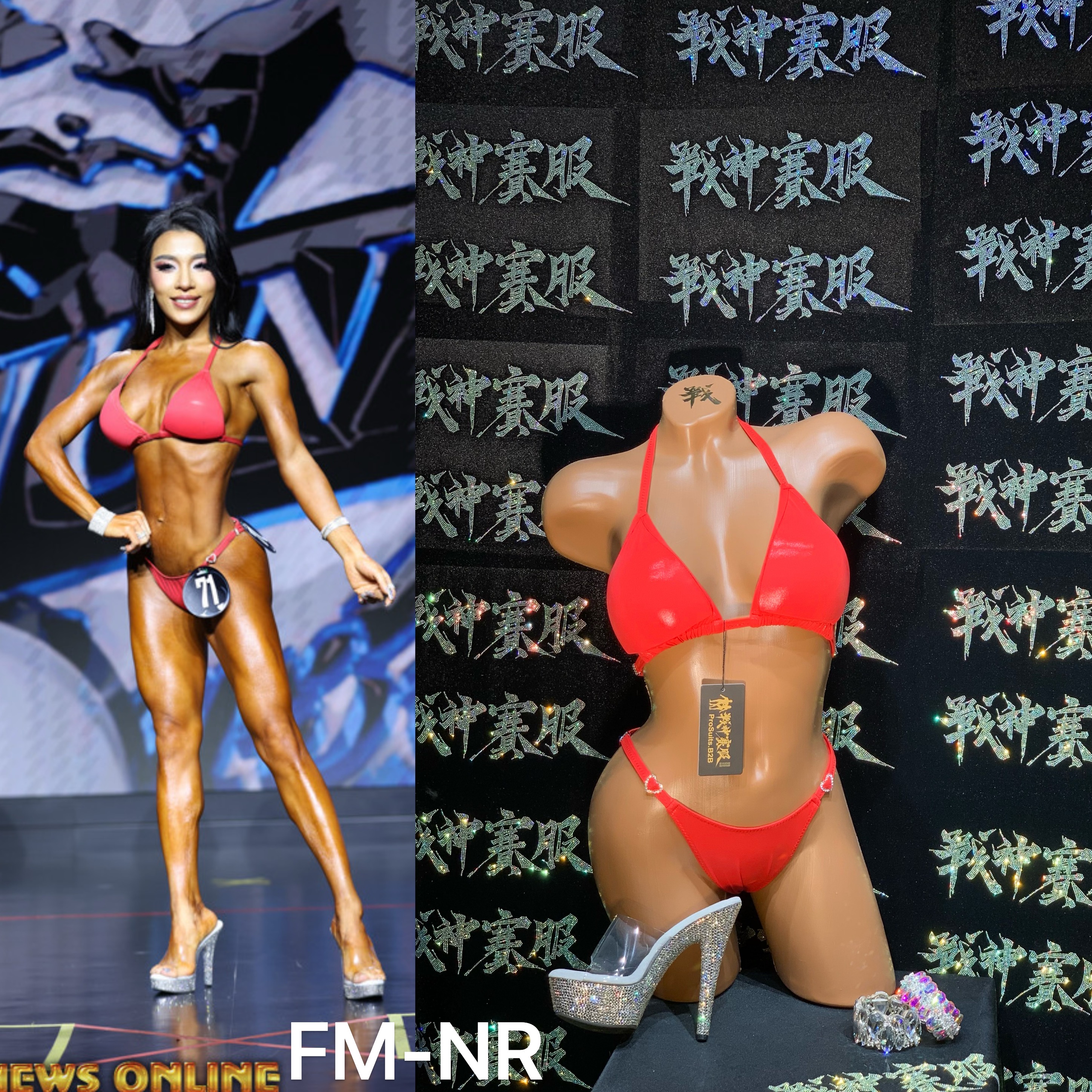 FM-NR “Wuhui Neon Red” Competition Bikini Custom-Made for Fit Model ProSuits Hui Wu