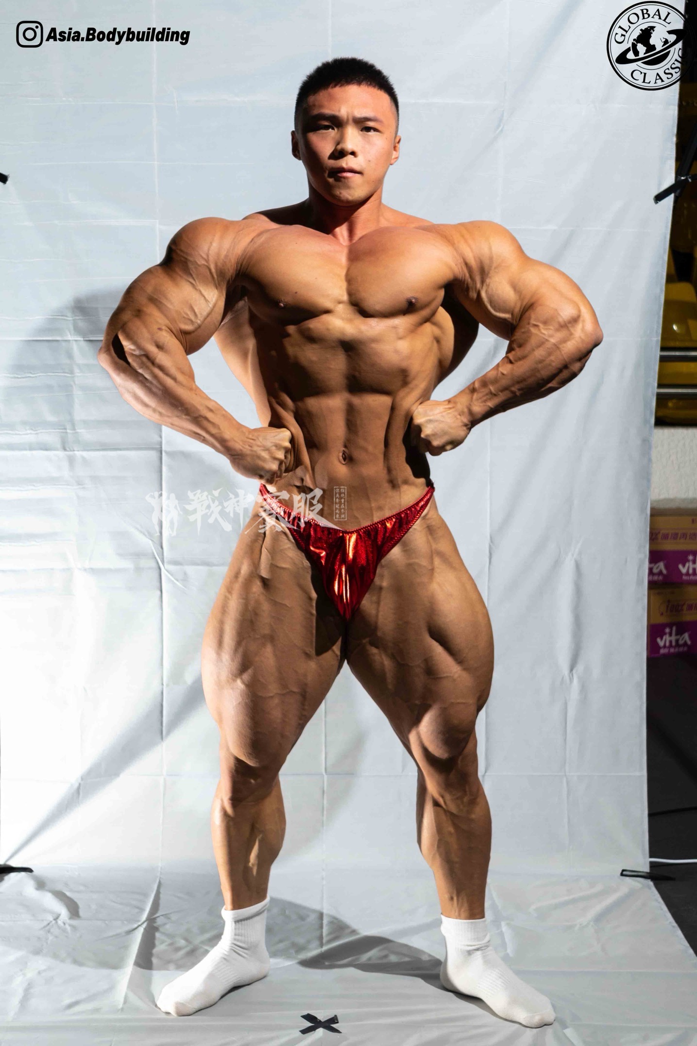 BB-K1 "Winning Red" Posing Trunk for Bodybuilding ProSuits Hongcheng Zhao