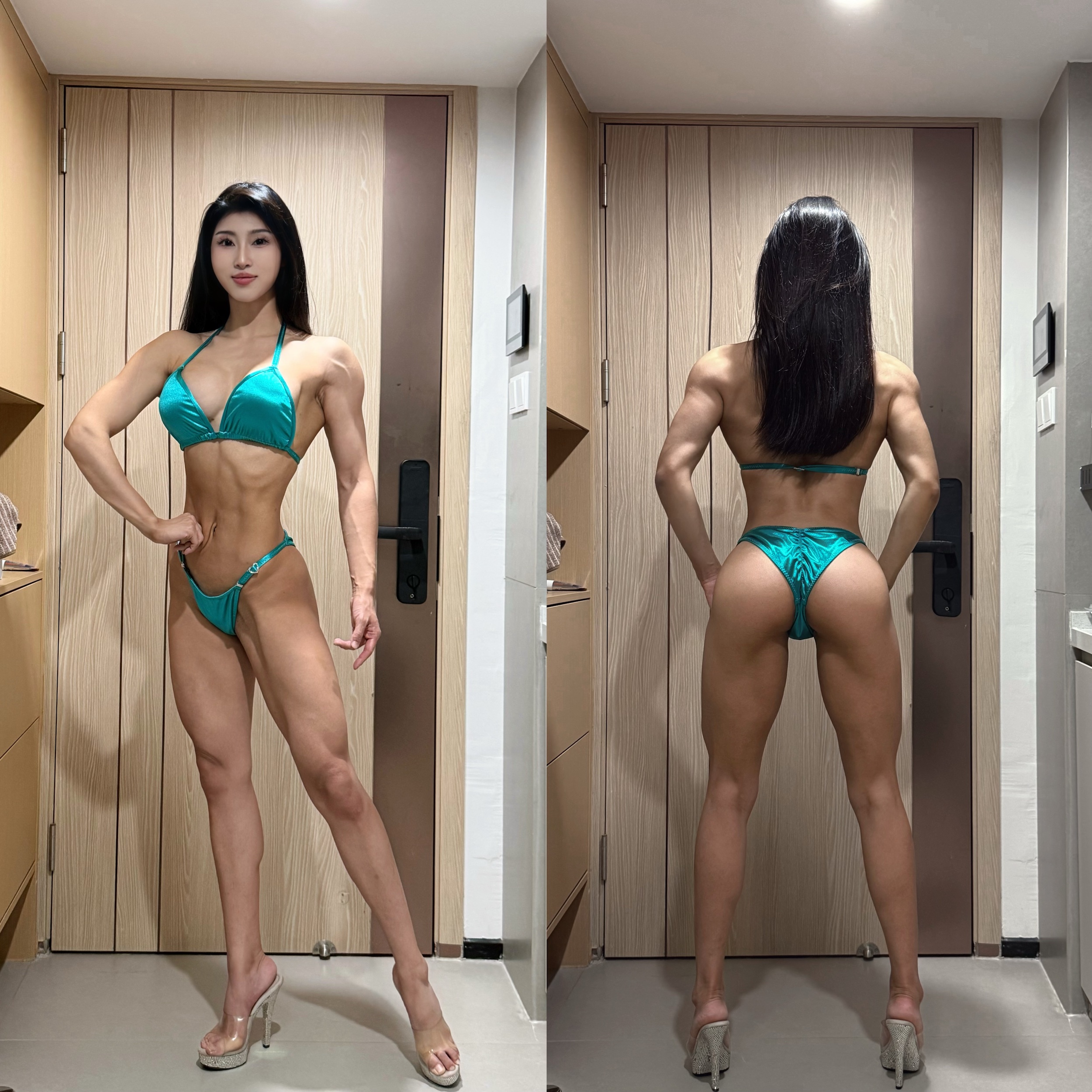 FM-TS “Teal Satin” Competition Bikini Custom-Made for Fit Model ProSuits Wei Gao