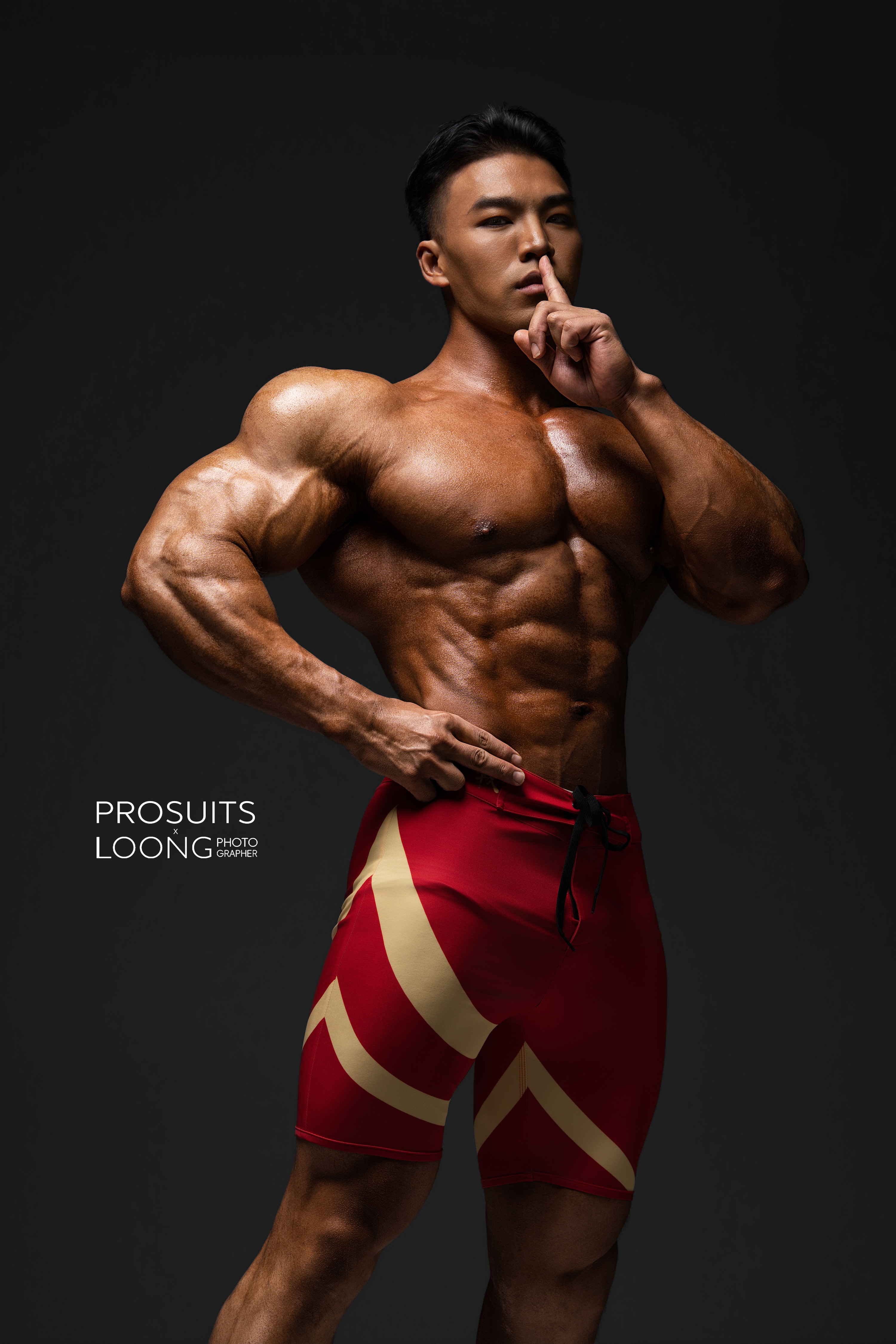 MP096 “O6 Juxian Red” Boardshorts Custom-Made for Men's Physique ProSuits Juxian He