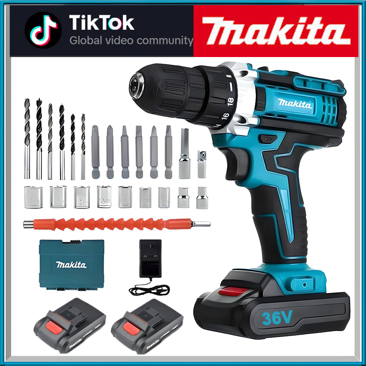Makita 36v cordless drill, 2 lithium batteries, 3-function high-power screwdriver, multi-function electric impact hammer