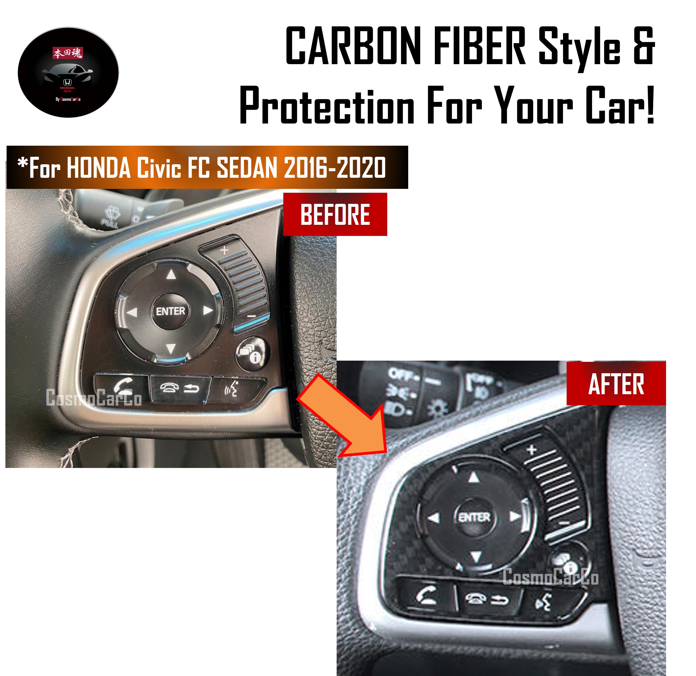 Honda CIVIC FC 10th Gen 2016-2020 Steering Wheel Trim Cruise Audio Control Panel Cover Carbon Fiber Accessories