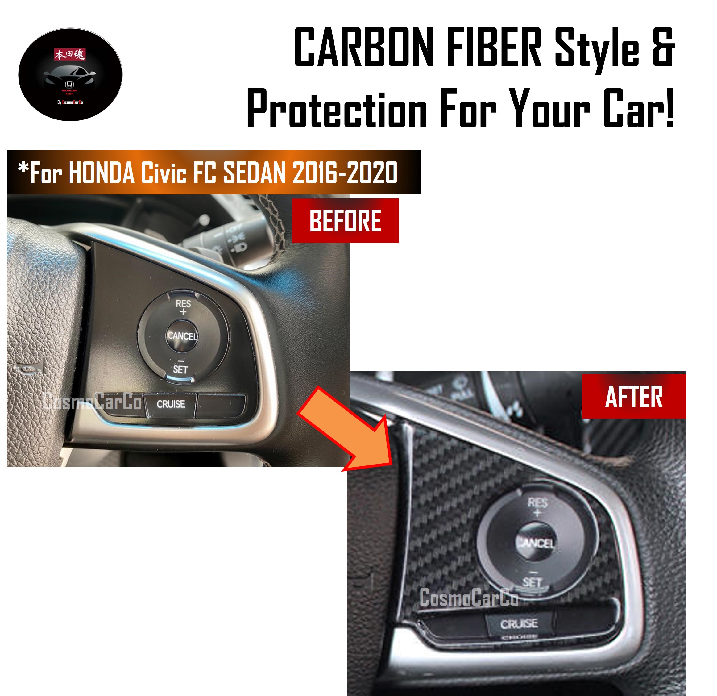 Honda CIVIC FC 10th Gen 2016-2020 Steering Wheel Trim Cruise Audio Control Panel Cover Carbon Fiber Accessories