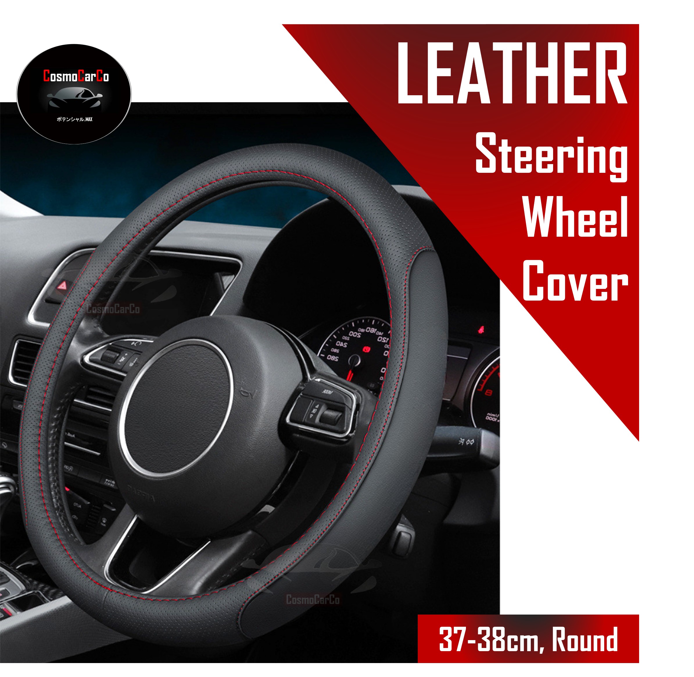 Leather Steering Wheel Cover With Anti Slip Rubber Lining 37-38cm Car Accessories