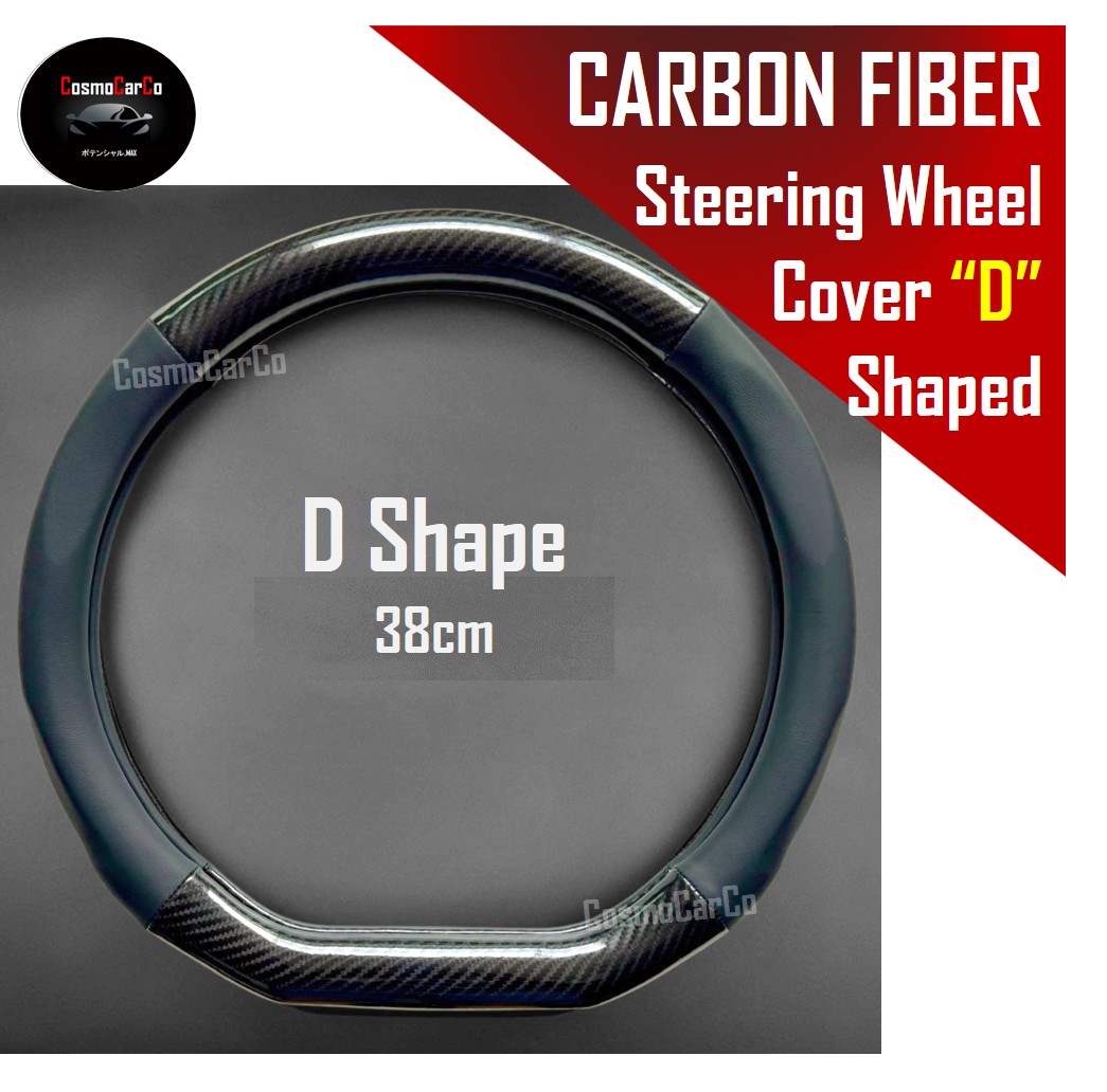 D-Shape Car Steering Wheel Cover Carbon Fiber Design With Leather & Anti-Slip Rubber Lining 37-38cm