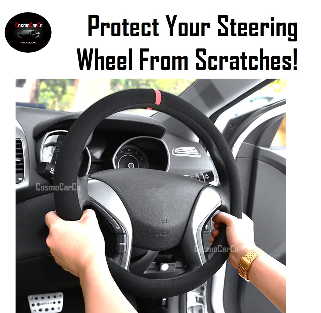 Suede Steering Wheel Cover In Black With Blue/Red Stripe "O" Shape 37-38cm Accessories