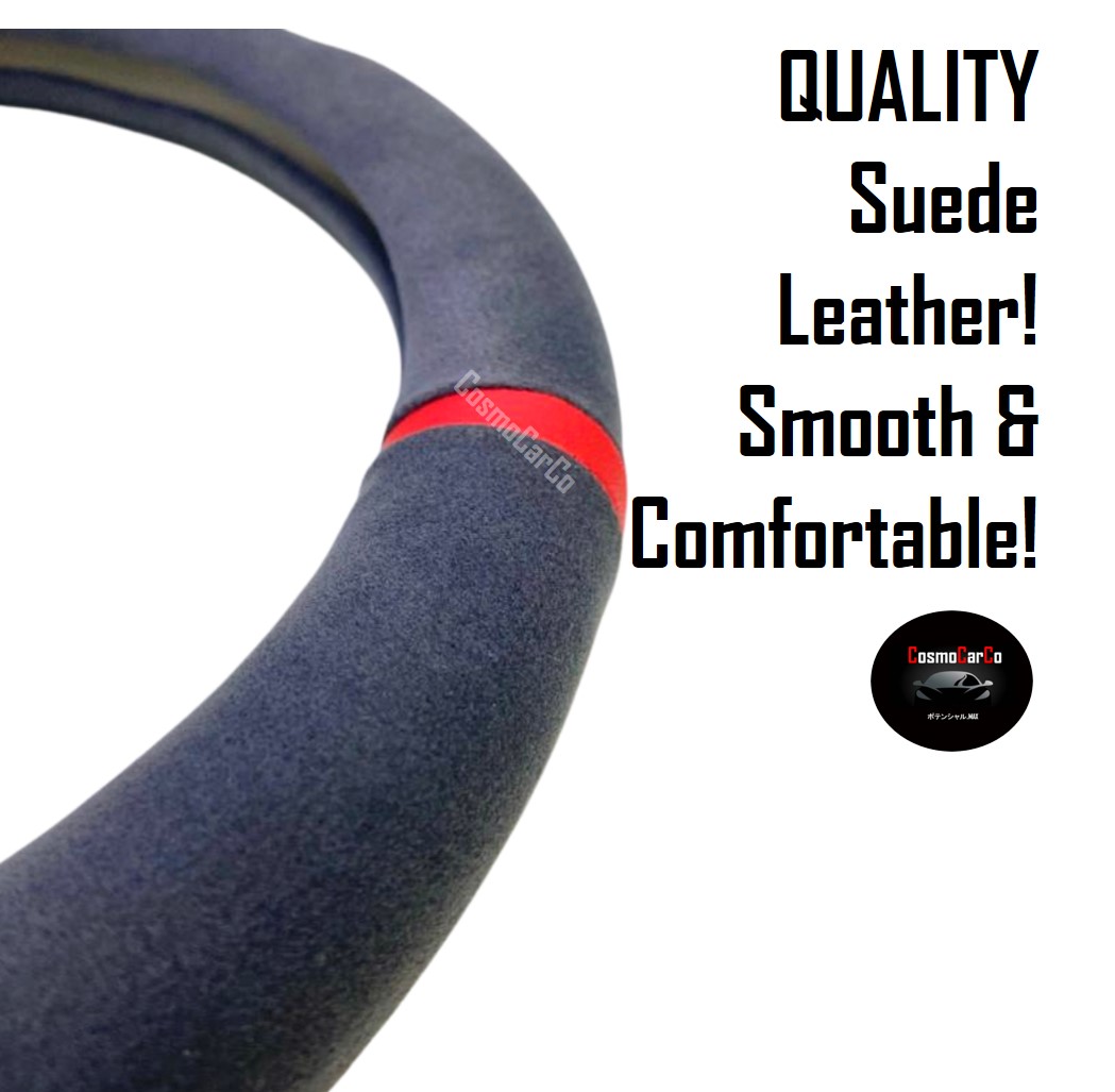 Suede Steering Wheel Cover In Black With Blue/Red Stripe "O" Shape 37-38cm Accessories