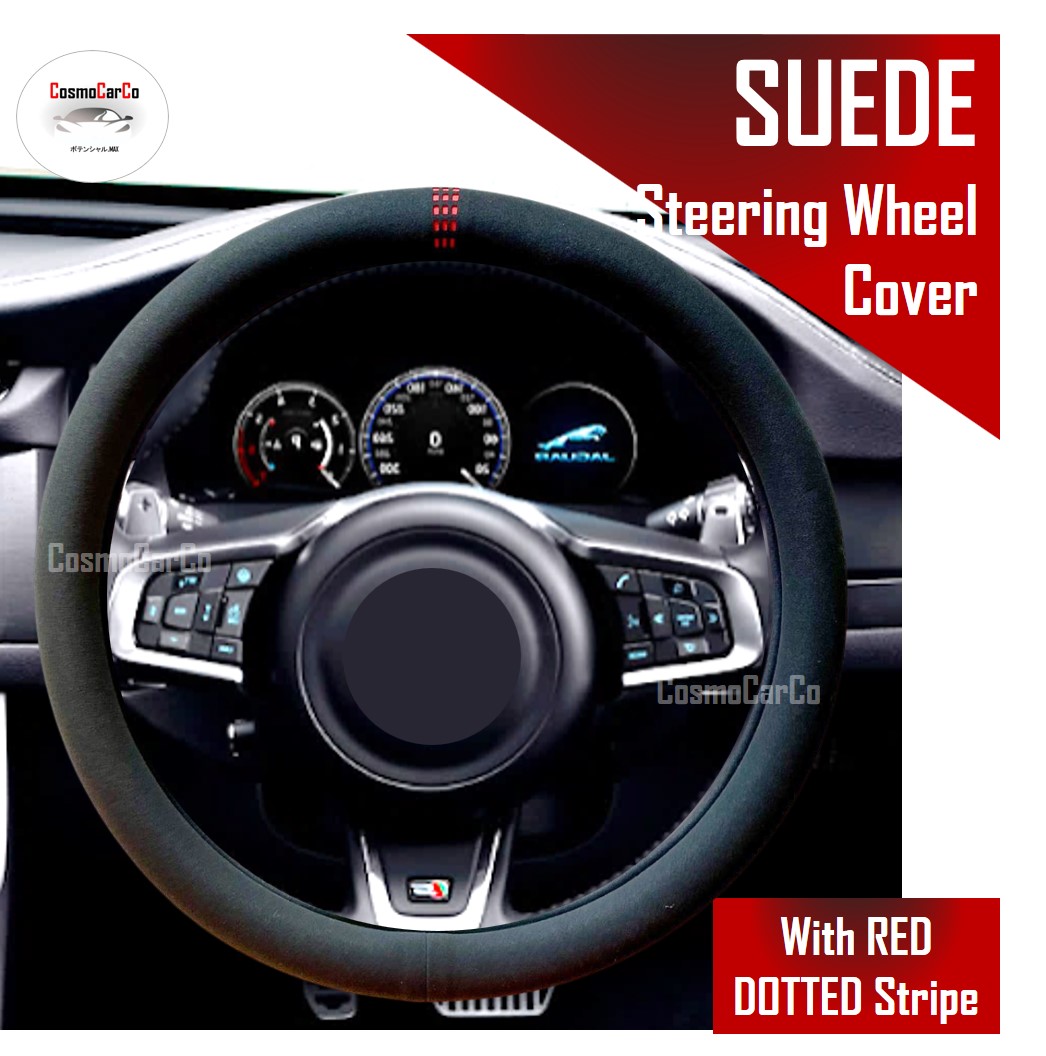 Black Suede Steering Wheel Cover With Sporty Red Dotted Stripe "O" Shape 37-38cm Accessories