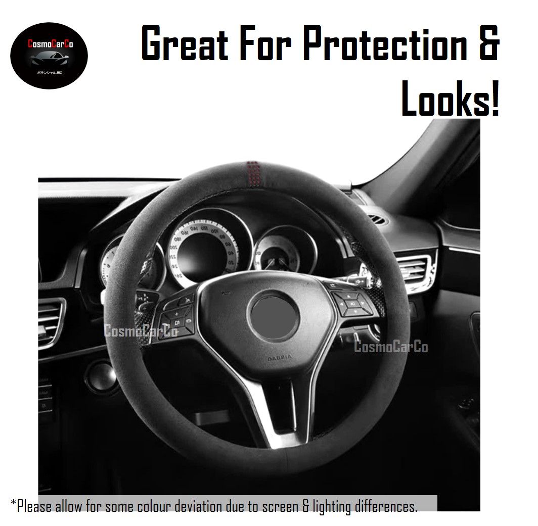 Black Suede Steering Wheel Cover With Sporty Red Dotted Stripe "O" Shape 37-38cm Accessories