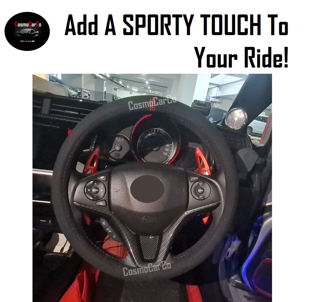 Black Suede Steering Wheel Cover With Sporty Red Dotted Stripe "O" Shape 37-38cm Accessories