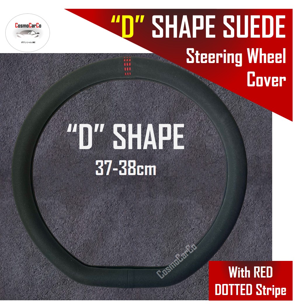 D-Shape Suede Steering Wheel Cover With Red Dotted Stripe For Toyota Sienta Note Ioniq Mercedes etc 37-38cm