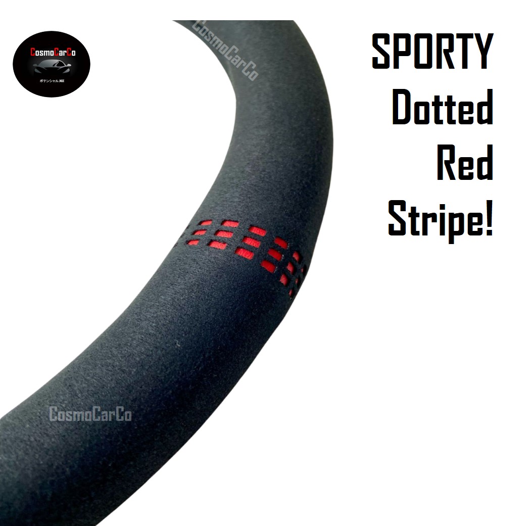 Black Suede Steering Wheel Cover With Sporty Red Dotted Stripe "O" Shape 37-38cm Accessories
