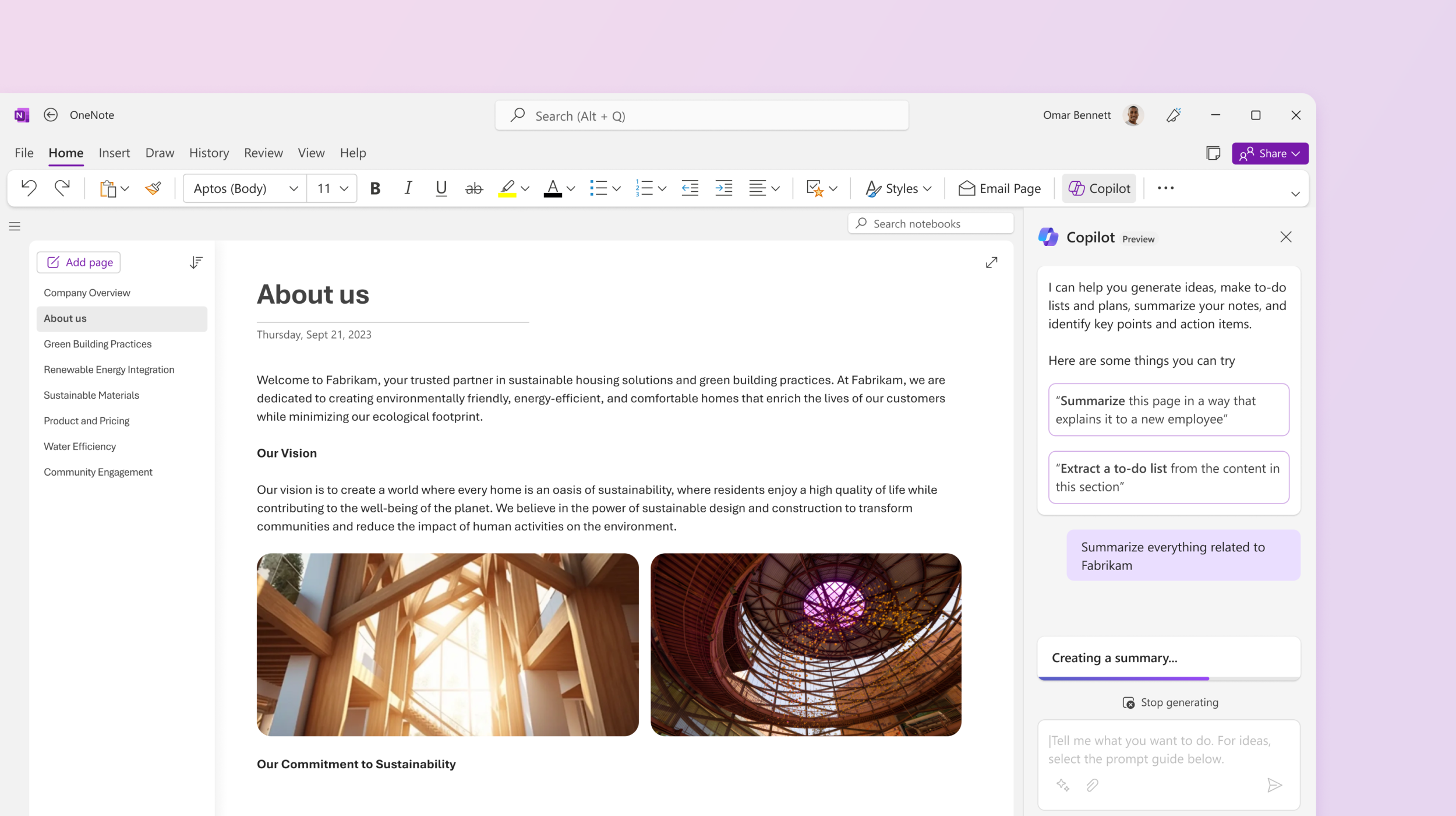 Screenshot shows Copilot in OneNote summarizing the note.