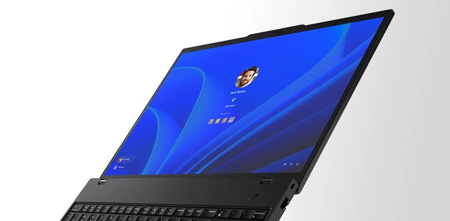 Lenovo ThinkPad T16 Gen 3 (16" Intel) laptop &mdash; open 180 degrees, showing Windows login screen on the display