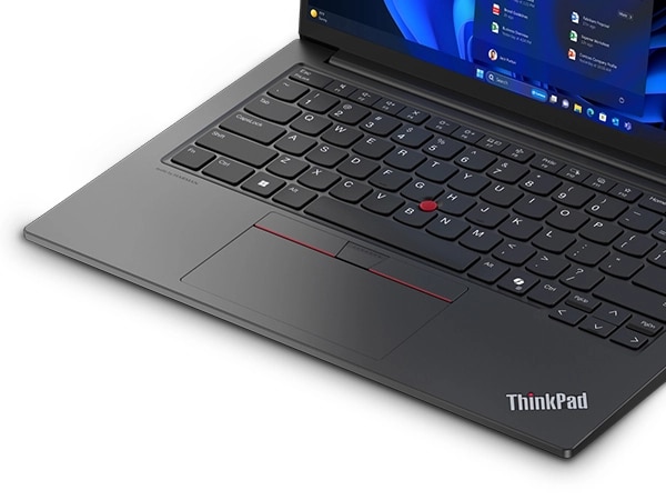 Closeup shot of Lenovo ThinkPad E14 Gen 6 (14&rdquo; Intel) laptop, opened showing keyboard and trackpad.