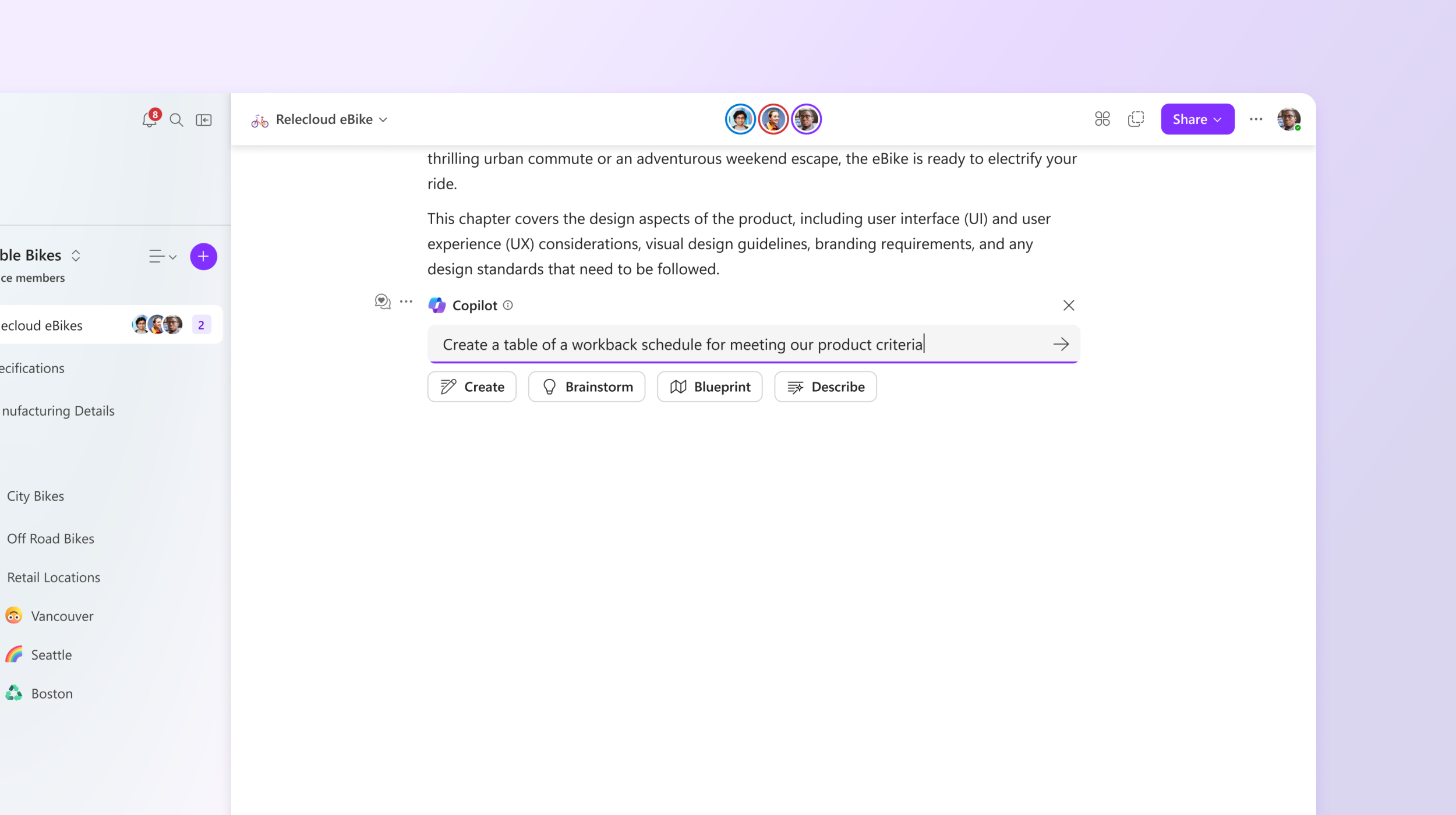 Screenshot shows Copilot in Loop creating a table of workback schedule.