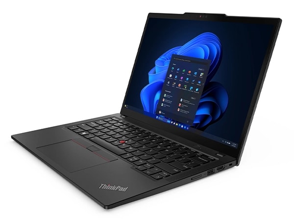 Front right view of Lenovo ThinkPad X13 Gen 5 laptop, open 110 degrees.
