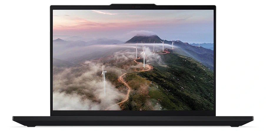 Lenovo ThinkPad T16 Gen 3 (16" Intel) laptop &mdash; front view, lid open, with image of mountain road flanked by windmills on the display