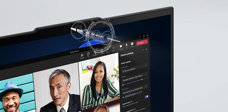Lenovo ThinkPad T16 Gen 3 (16" Intel) laptop &mdash; closeup of display, with graphics showing exploded view of webcam